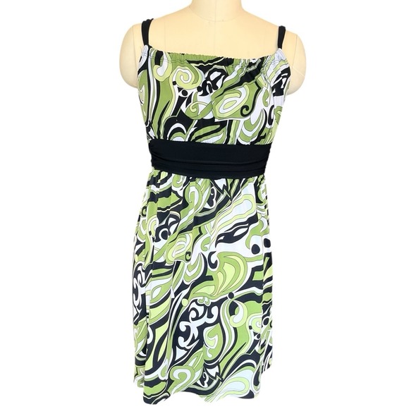 VTG Hypnotik Y2K Swirl Print‎ Mini Dress Green Black White Retro Rave Festival S - Picture 1 of 4